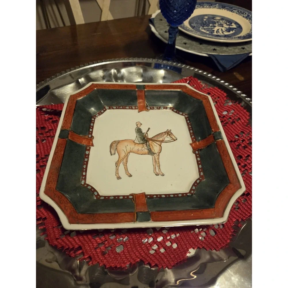 vintage Japanese Kutani equestrian dish features a hand-painted horse and rider